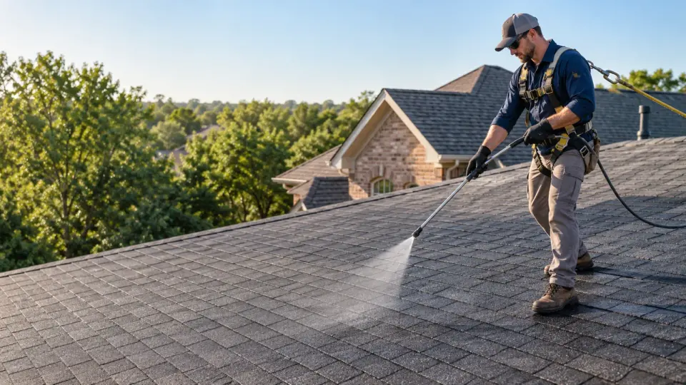 Professional applying a clear coating to an asphalt shingle roof