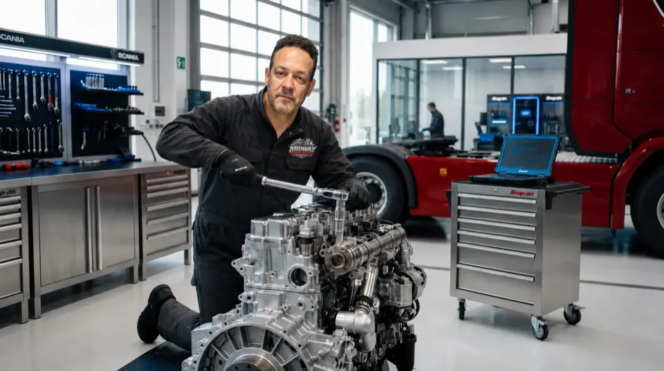 Mechanic working on a drivetrain unit in a repair shop