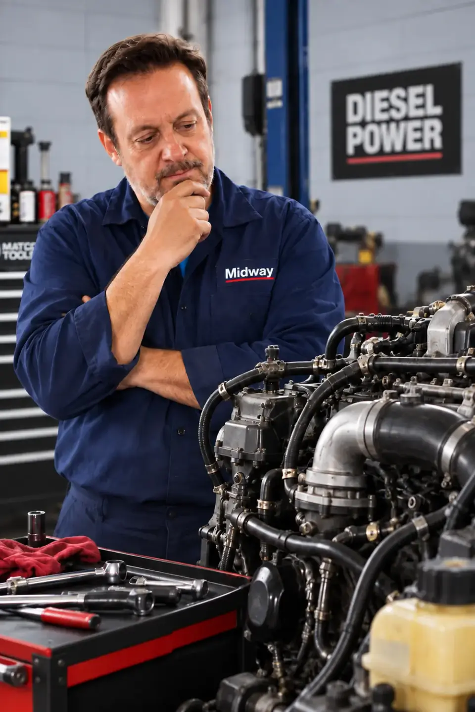Diesel mechanic beside a diesel engine
