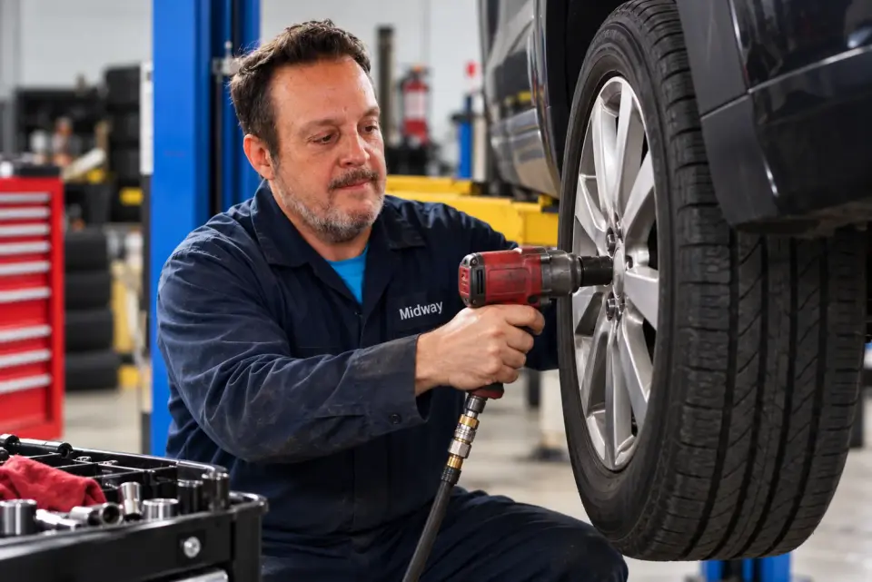 Mechanic working on a wheel and brakes