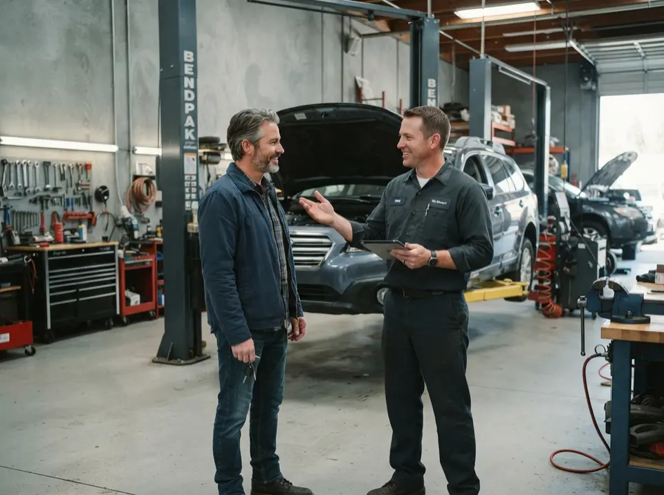 Mechanic explaining a repair to a customer