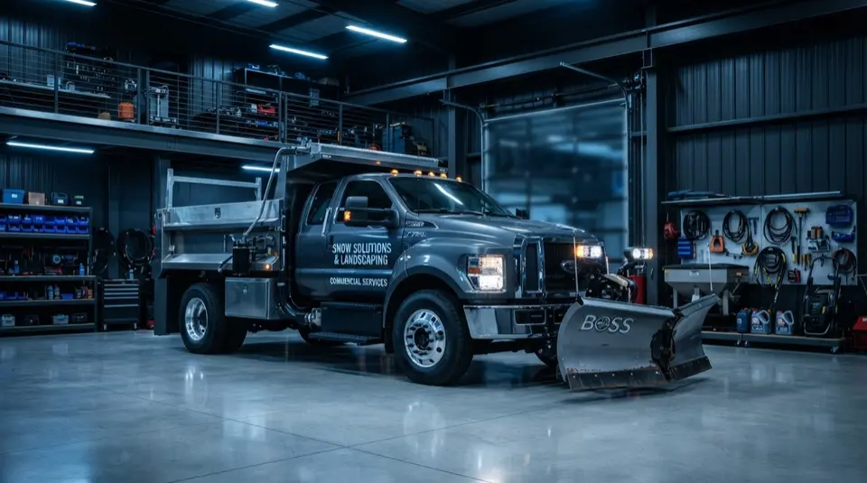 Work truck with a snow plow in a repair shop