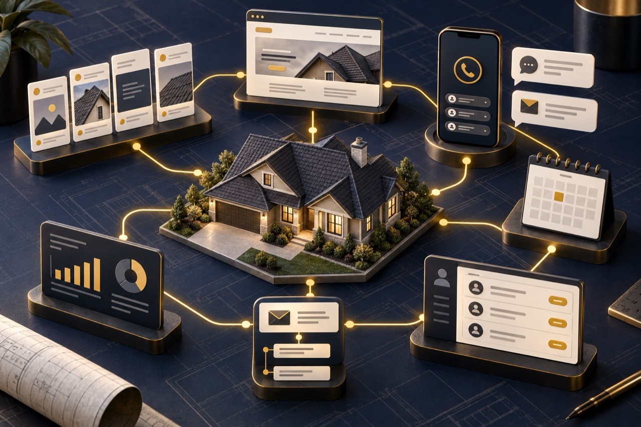 Illustration of a roofing company’s social content, website, calls, scheduling, analytics and CRM working as one connected system