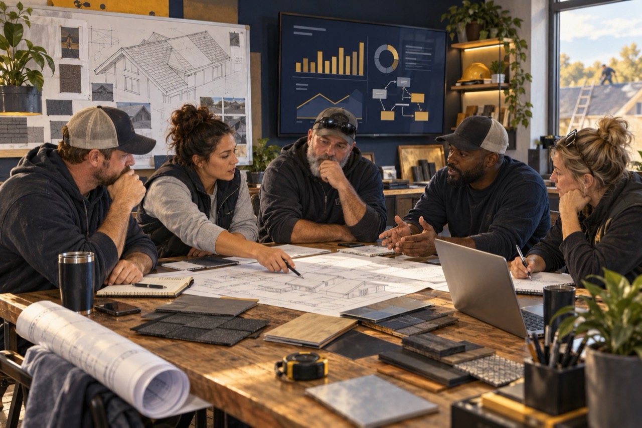 Illustrative working session with five fictional roofing-company founders reviewing plans and business performance