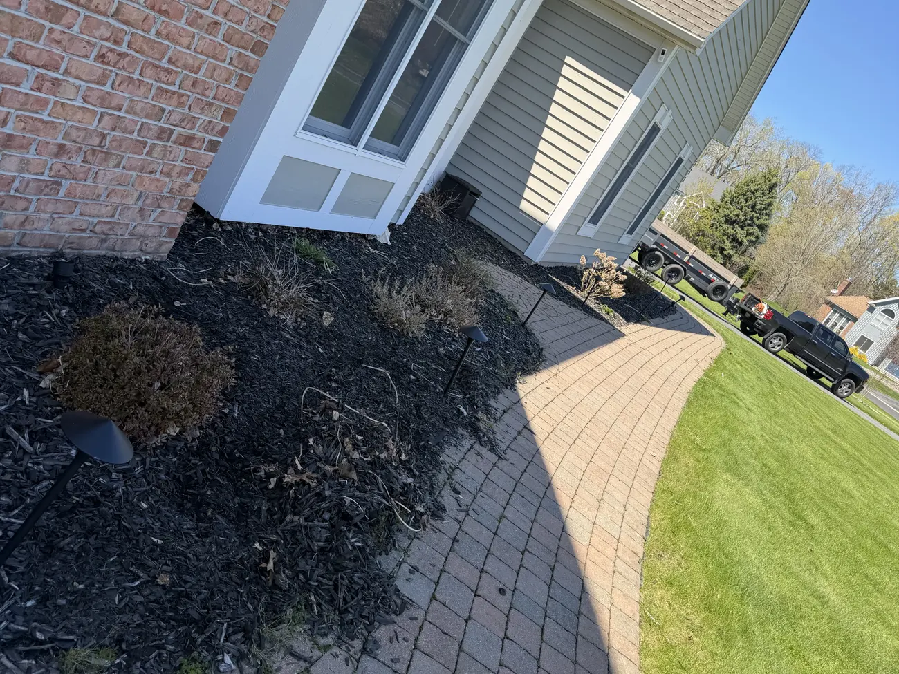 Patchy beds along a paver walkway before