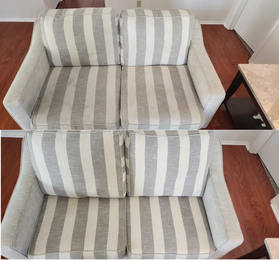 Matched before and after striped sofa cleaning result