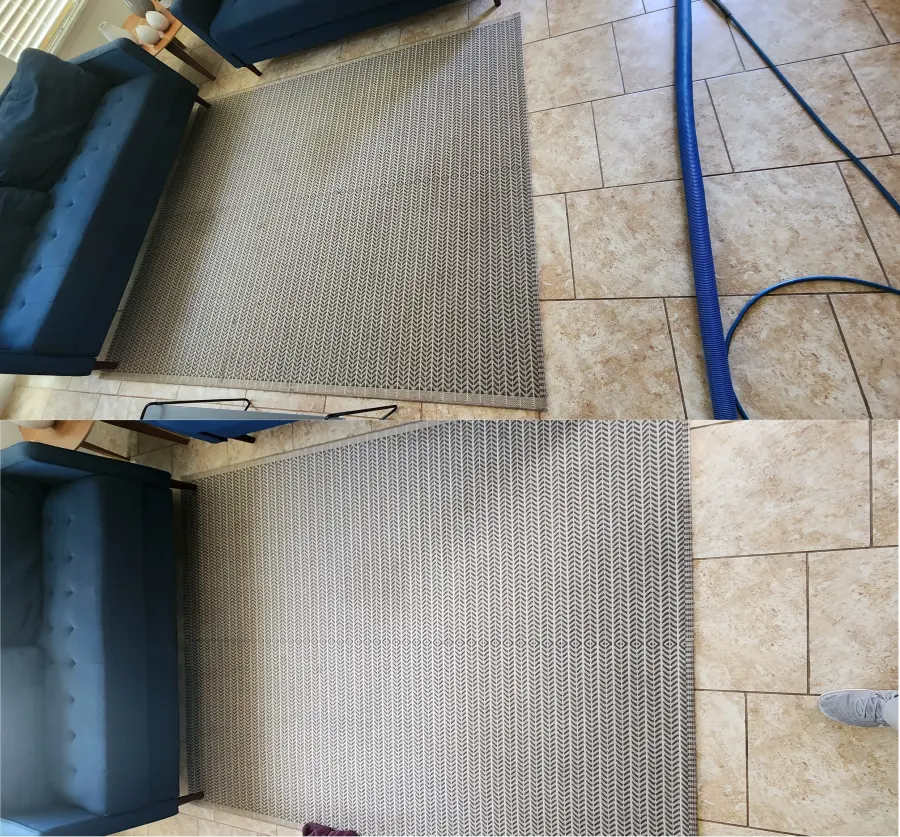 Matched before and after area rug cleaning transformation
