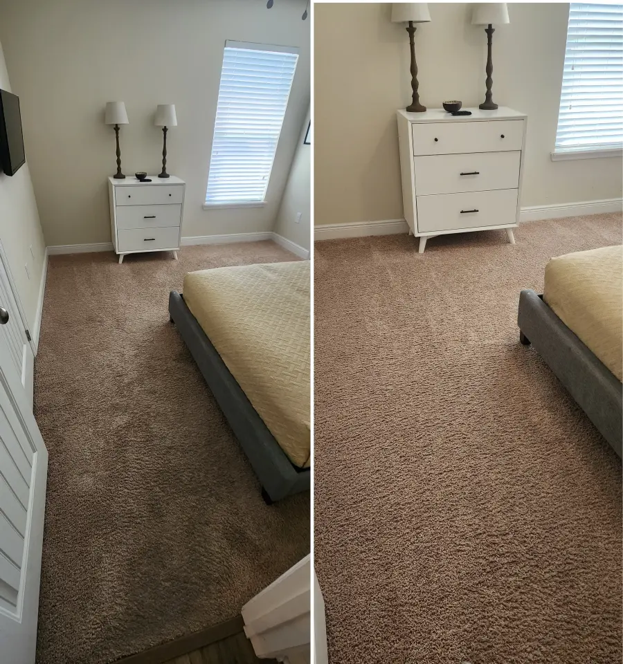 Matched before and after bedroom carpet transformation