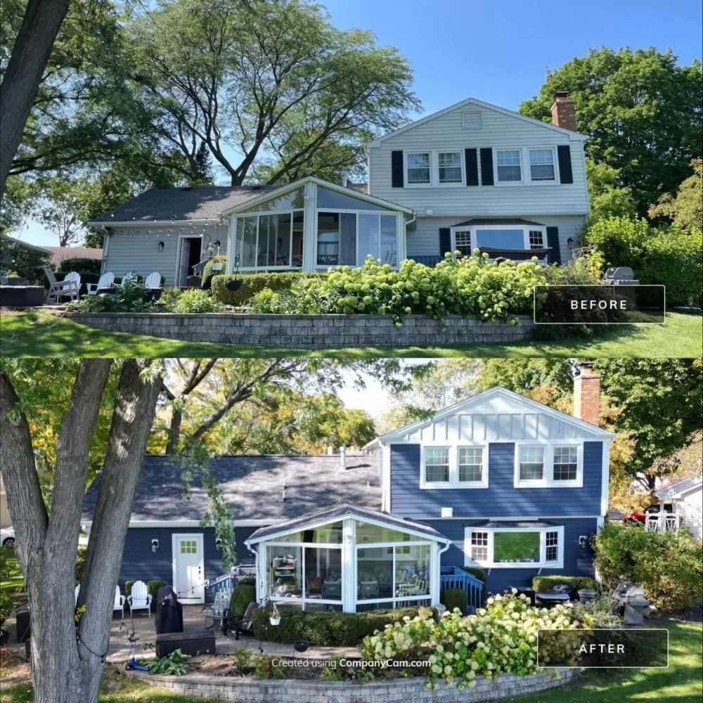 Before and after blue siding and exterior transformation by Northwind Exteriors