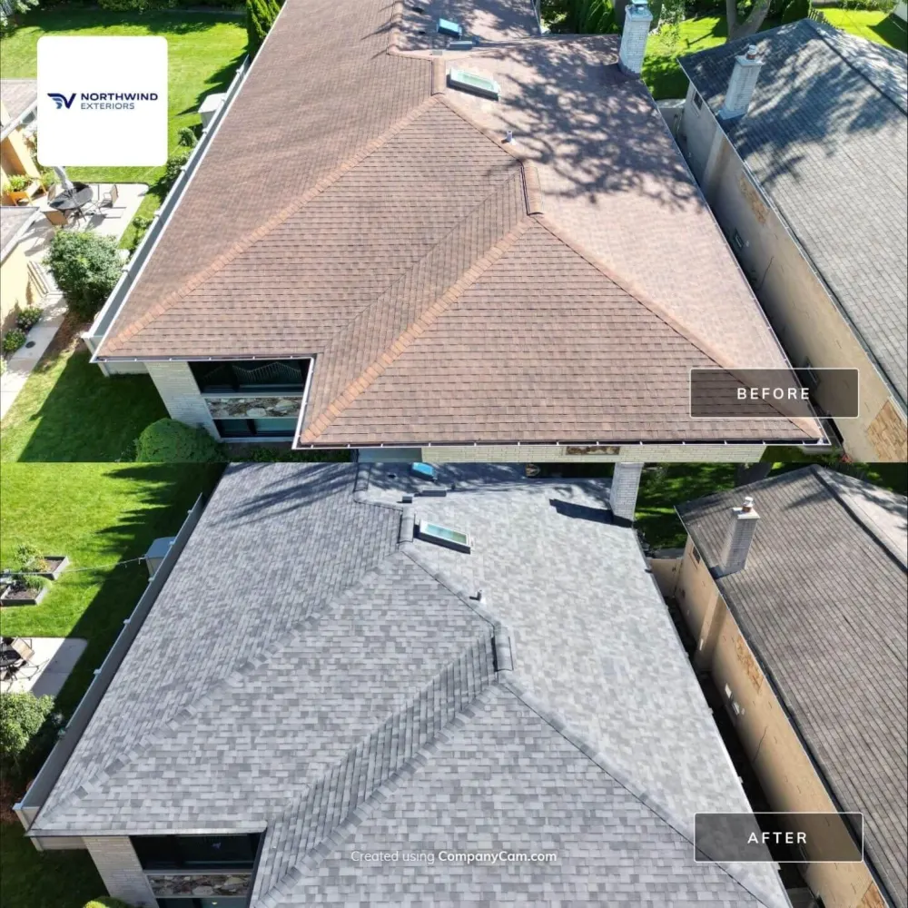 Before and after aerial roof replacement by Northwind Exteriors