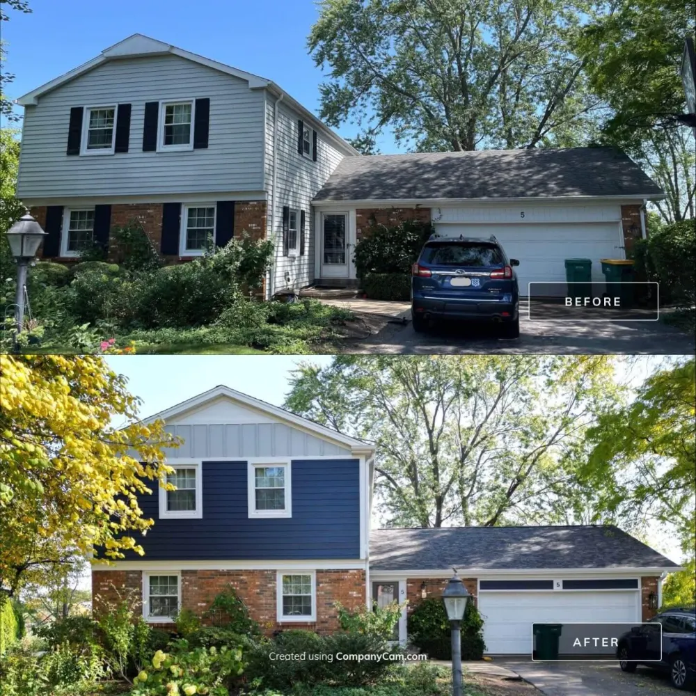 Before and after siding transformation with blue finish by Northwind Exteriors