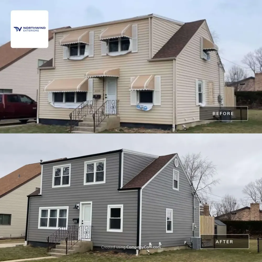 Before and after gray siding transformation by Northwind Exteriors
