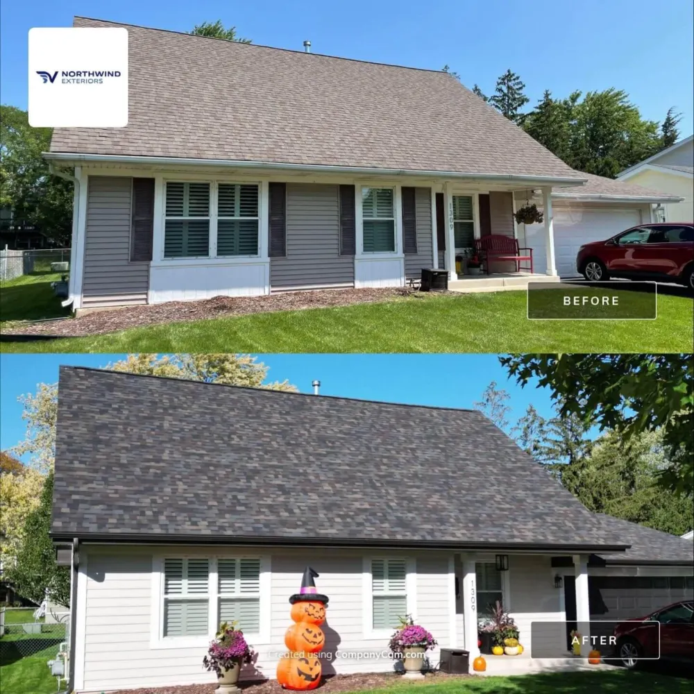Before and after aerial roofing transformation by Northwind Exteriors