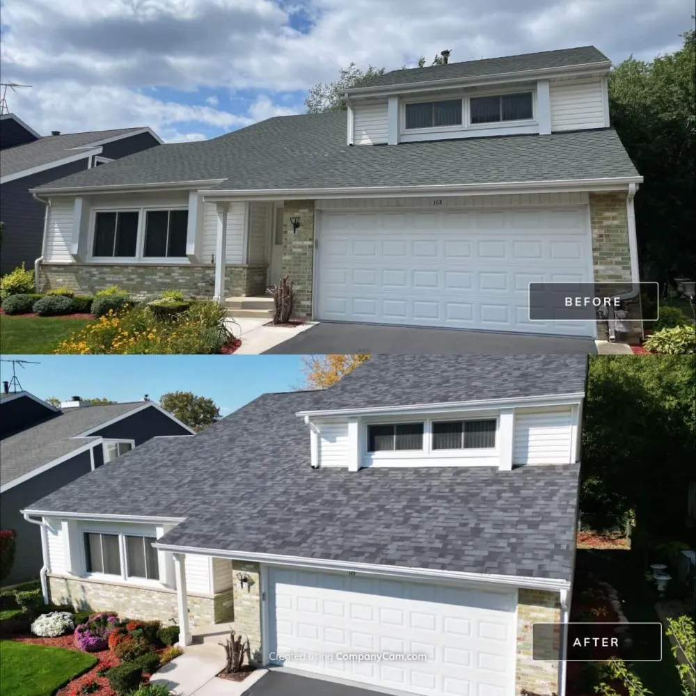 Before and after roof replacement with gray shingles by Northwind Exteriors
