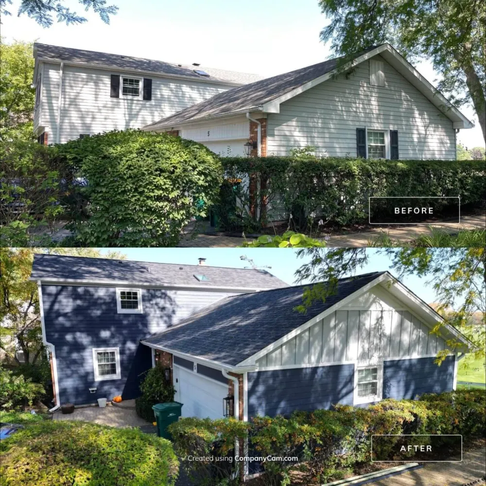 Before and after blue siding and roofing transformation by Northwind Exteriors