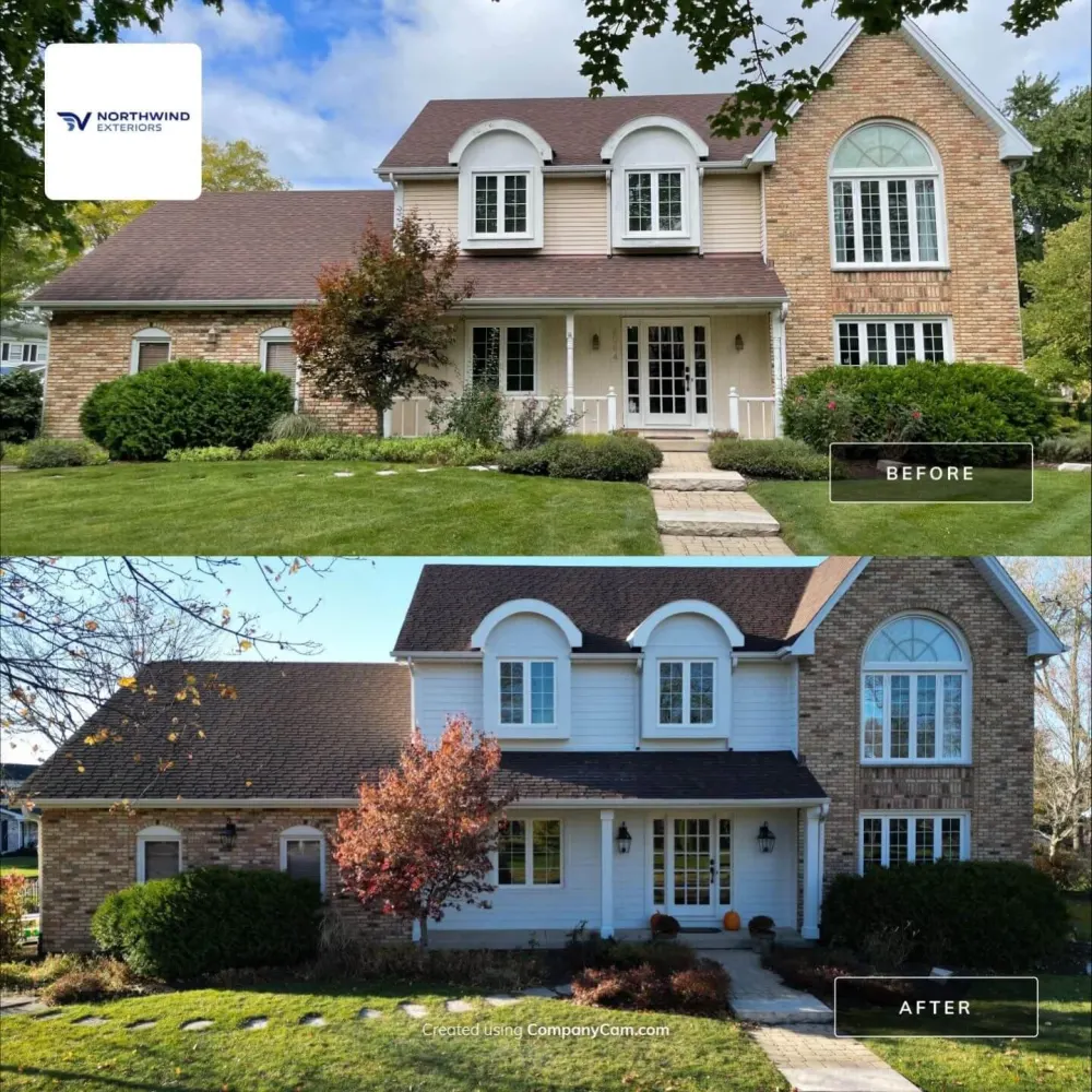 Before and after brown roof and exterior transformation by Northwind Exteriors