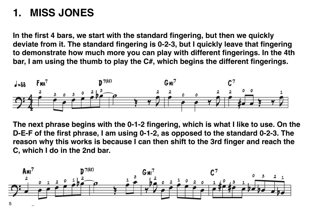 Page 5 of Freedom of Movement: the start of Cole Davis's written walkthrough of the Miss Jones etude, with the first two phrases reprinted with their fingerings