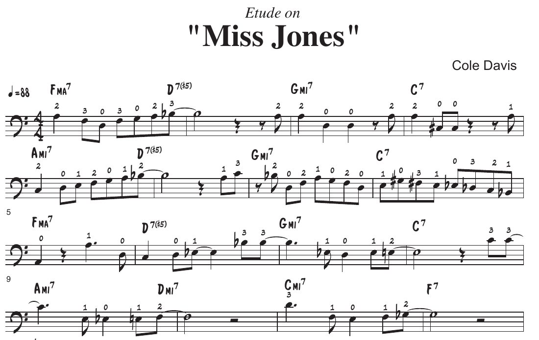 Page 3 of Freedom of Movement: the first four lines of the Etude on Miss Jones in bass clef, with chord symbols and fingering numbers over the notes