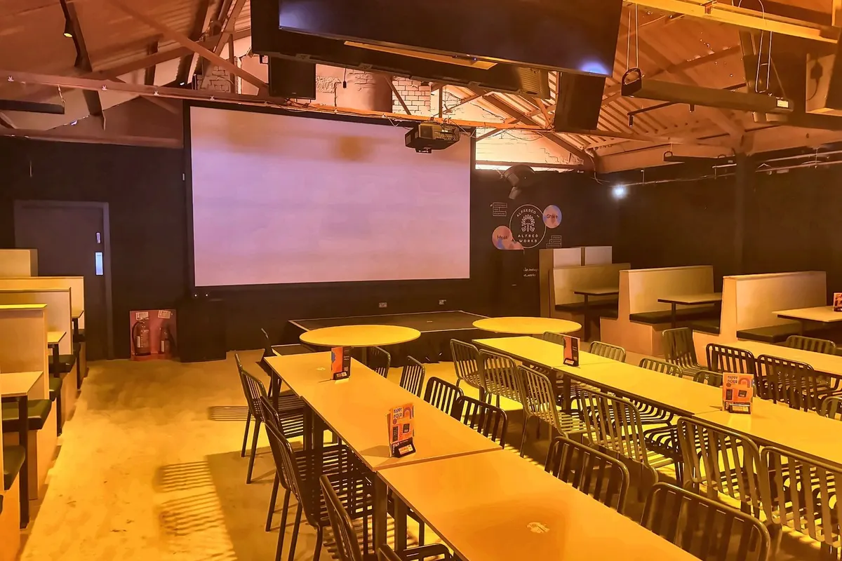 The stage and big screen at Alfresco Works, Digbeth