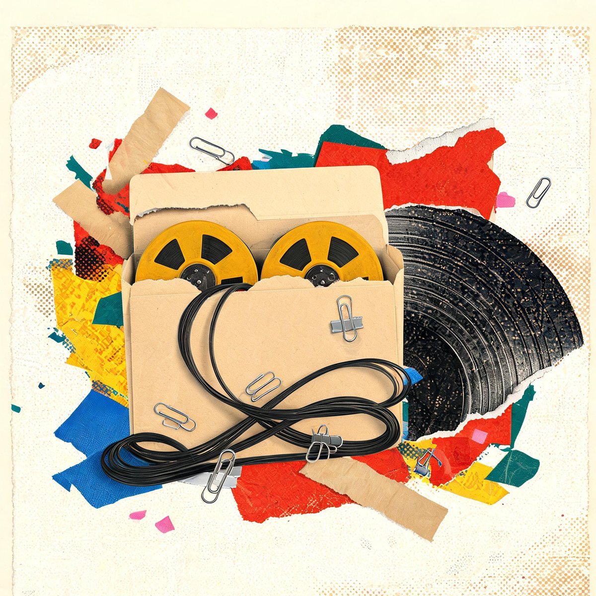 Collage of file folders spilling reel-to-reel tape and a vinyl record