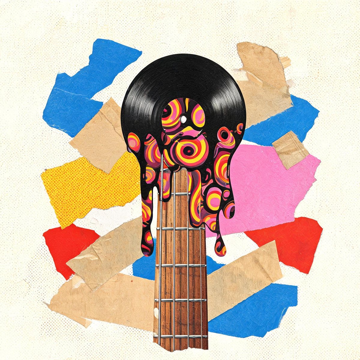 Collage of a melting psychedelic record over an electric bass neck