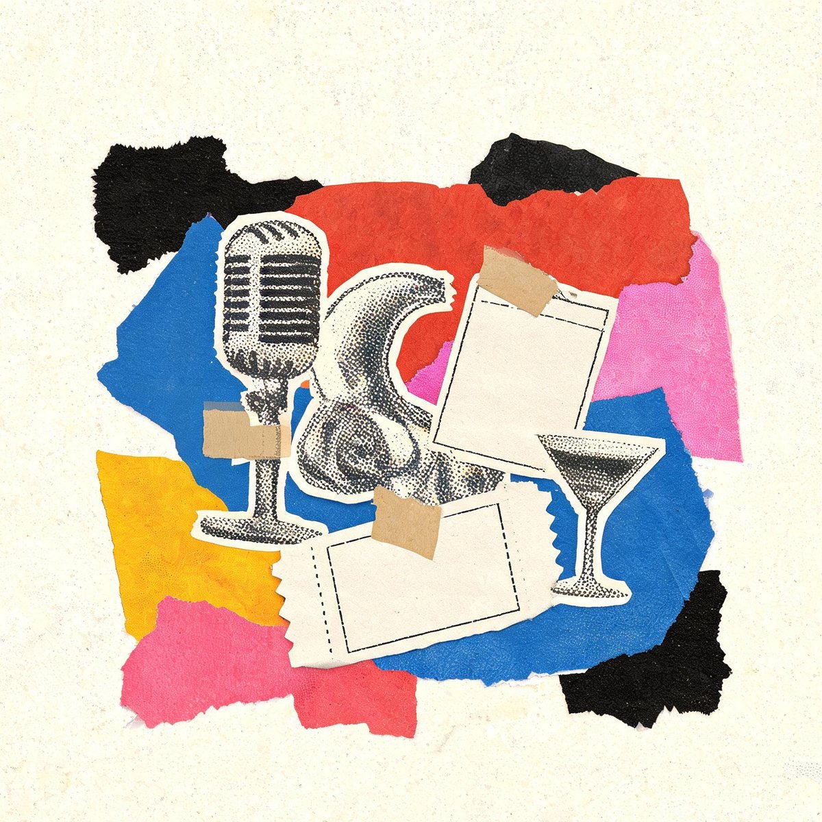Collage of a vintage microphone, a saxophone, a ticket stub and a cocktail glass