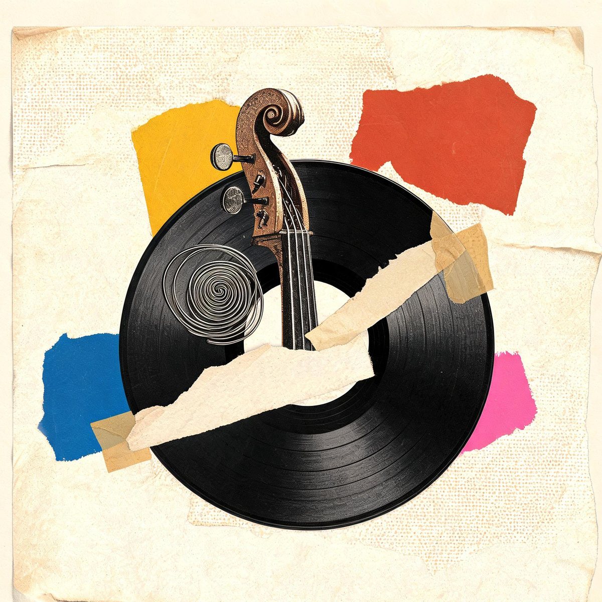 Collage of an upright bass scroll rising out of a vinyl record, with a coiled bass string
