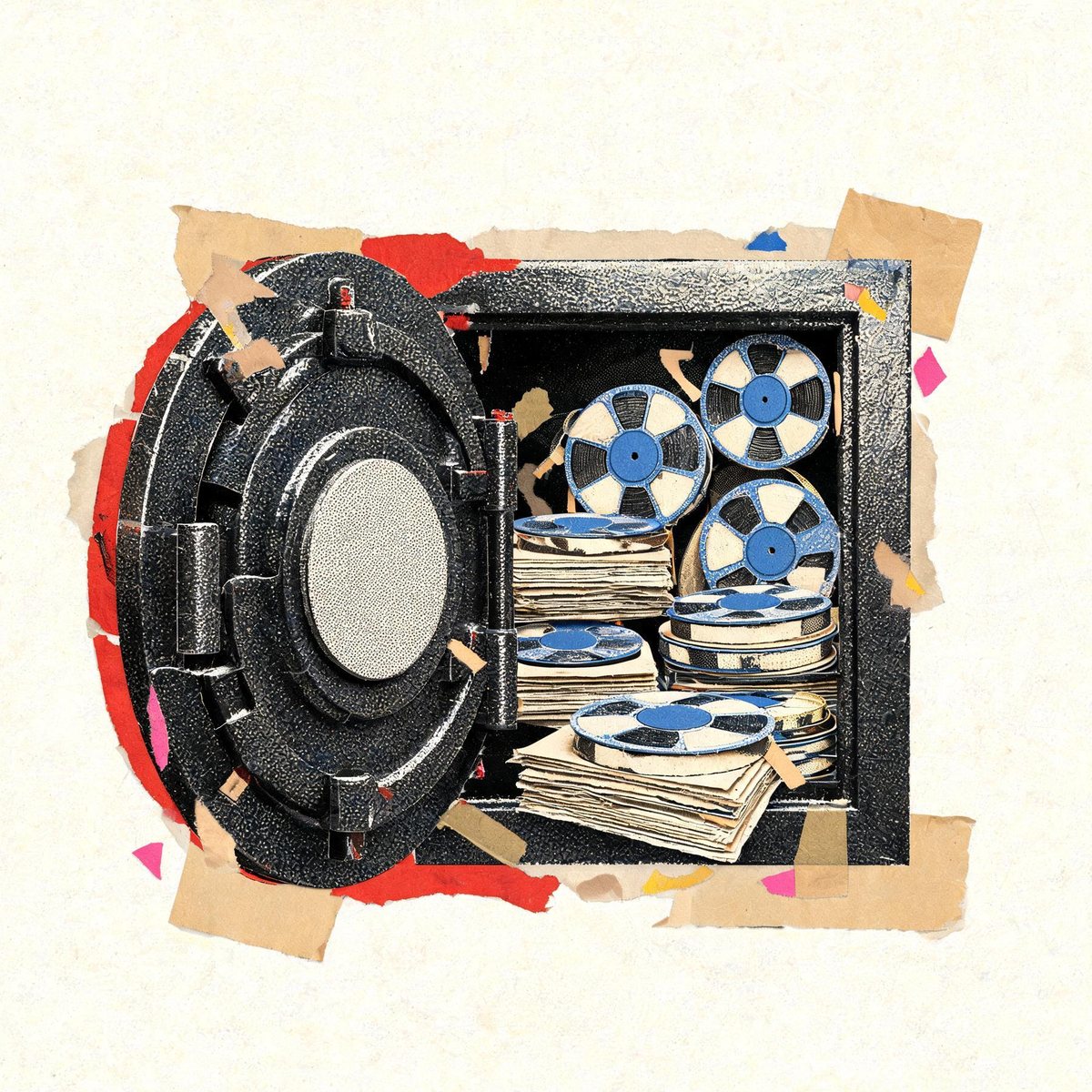 Collage of a bank vault door swung open onto stacks of records and tape reels