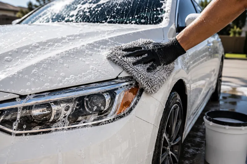 Two-stage foam wash on a sedan exterior