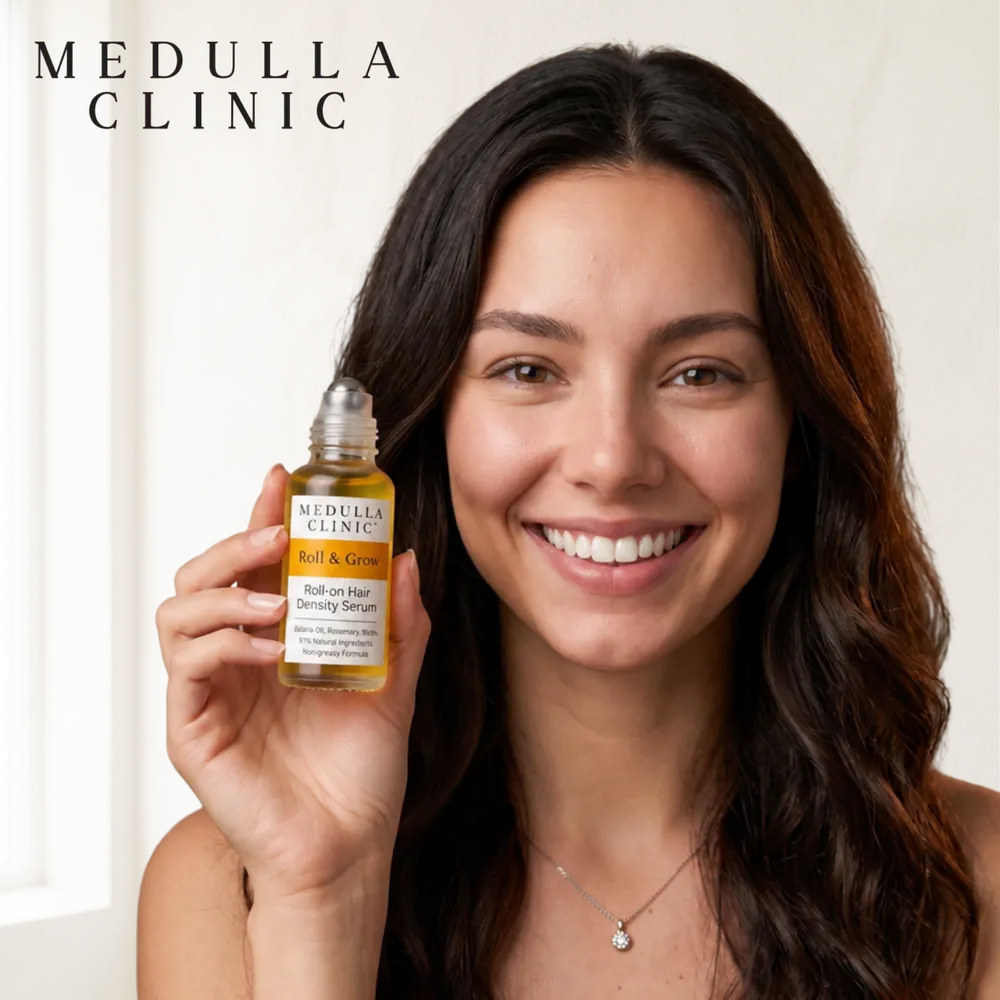 Smiling woman holding Roll & Grow serum