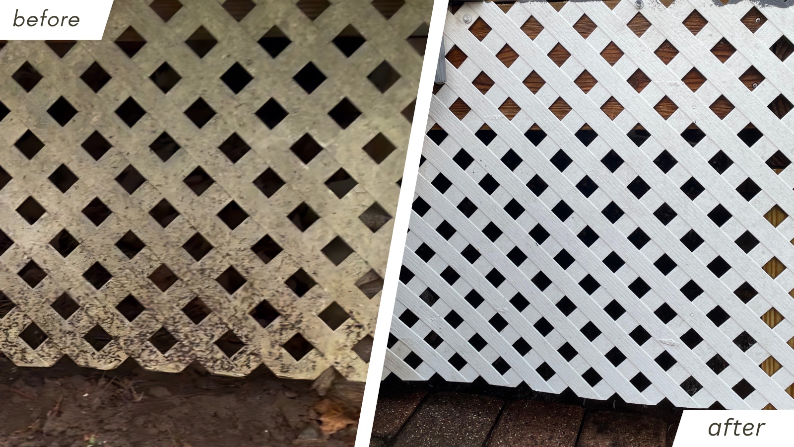 Deck lattice before and after soft washing at a home in Carlton County, Minnesota