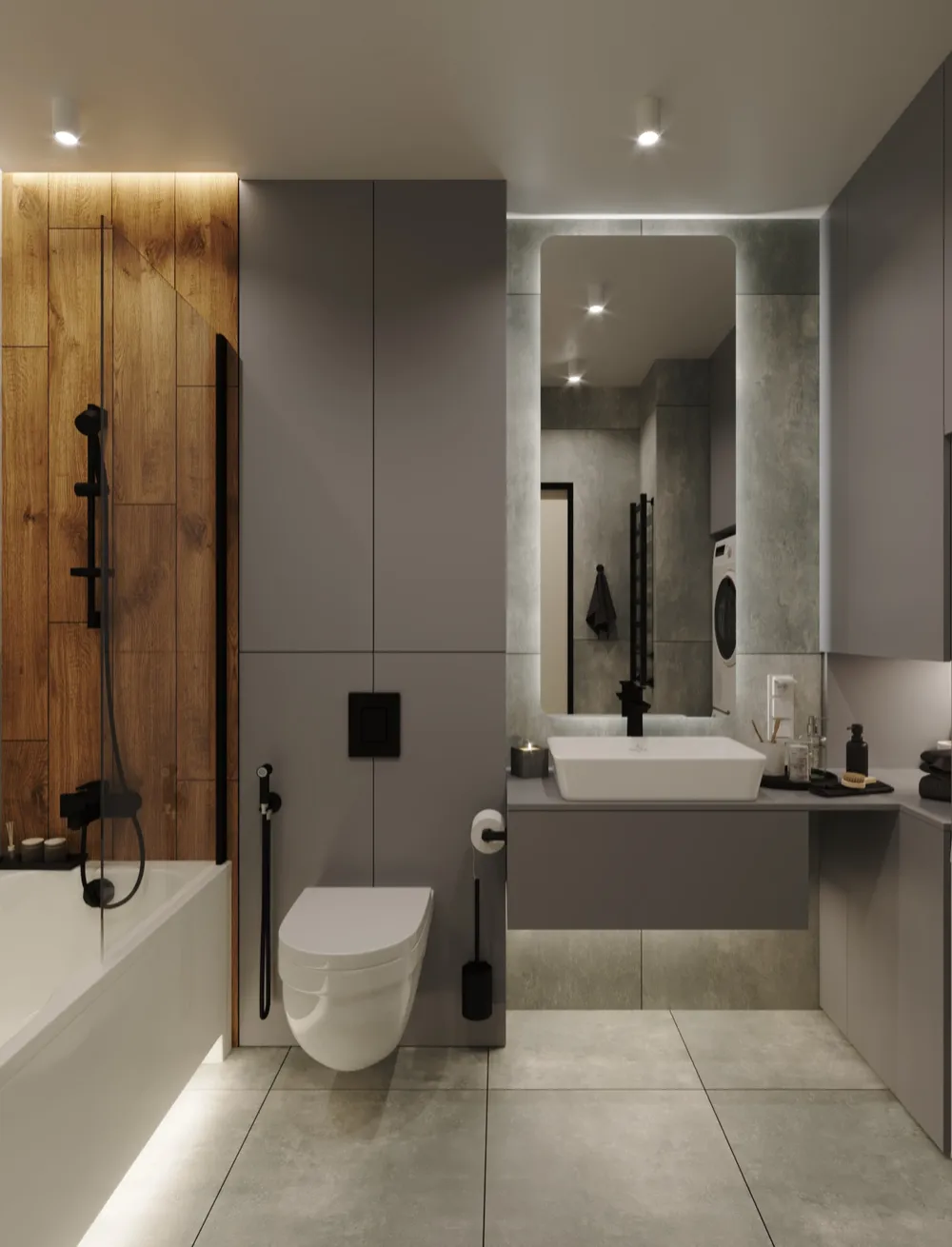 Finished bathroom with walk-in shower and timber feature wall