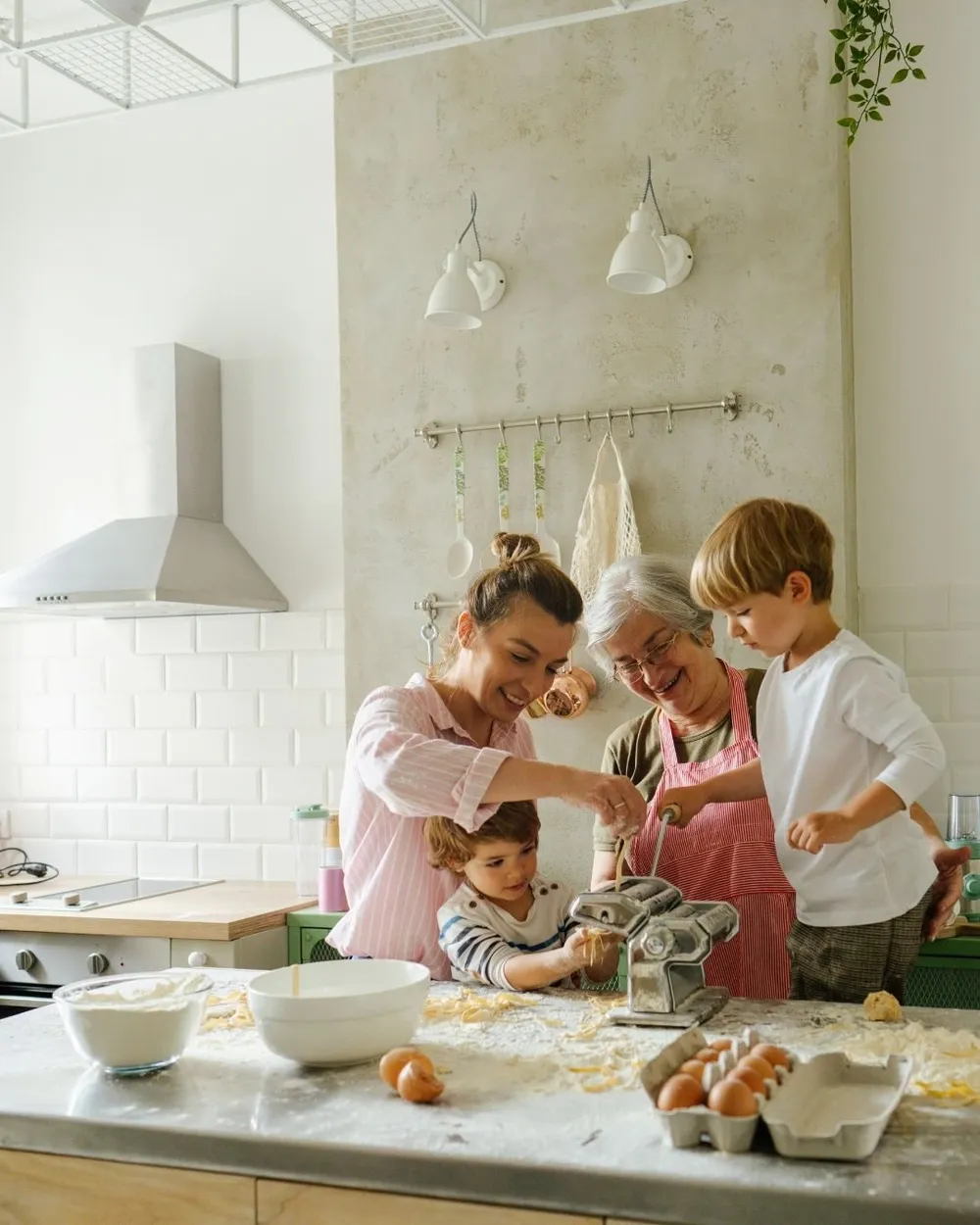 Family preparing food in a kitchen