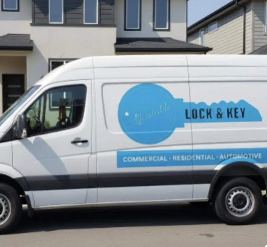 Affordable Lock & Key mobile locksmith van parked outside a home