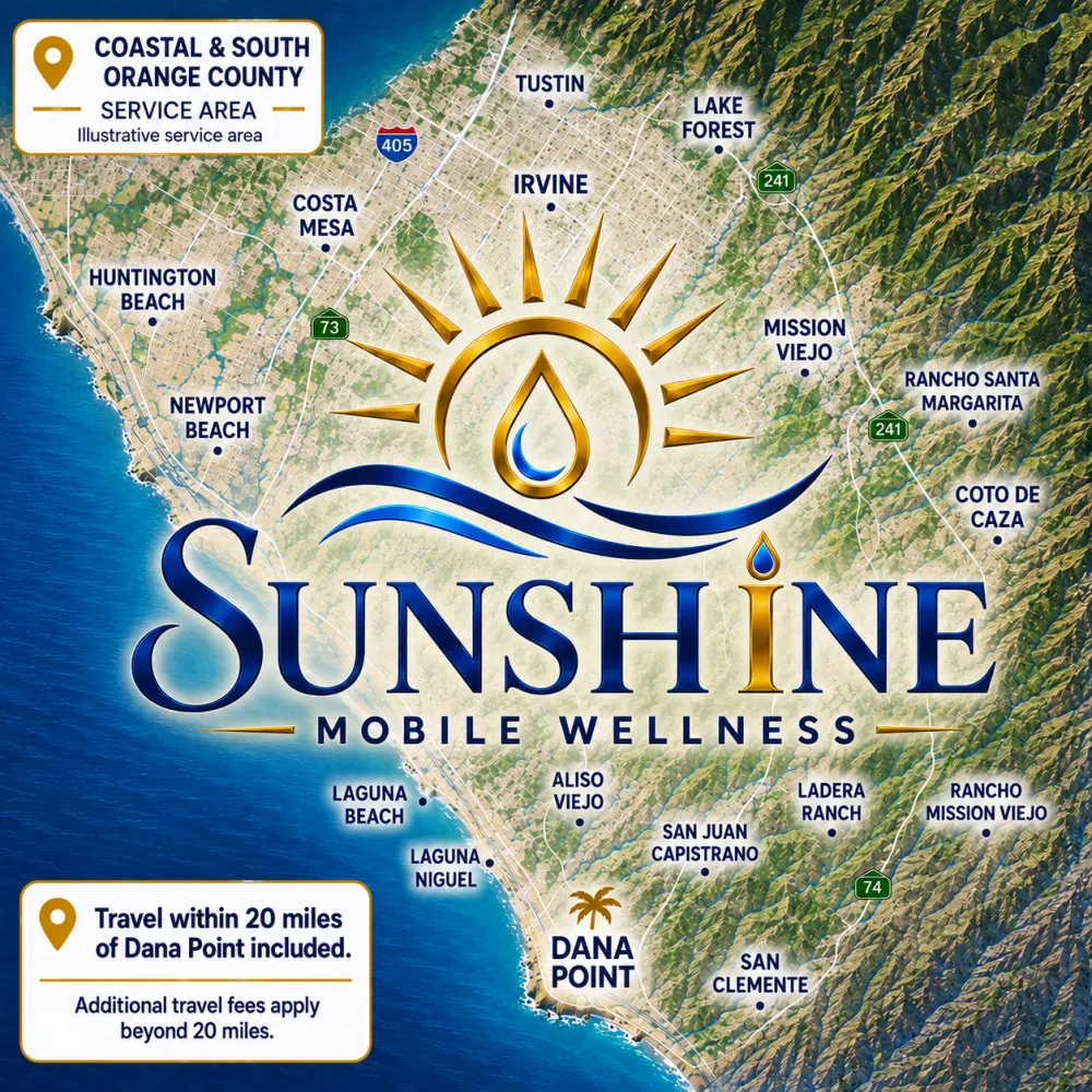 Illustrative map of Sunshine Mobile Wellness service locations in Coastal and South Orange County