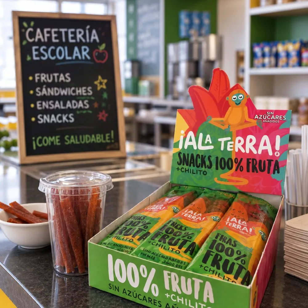 Display de tiras ¡Ala Terra! en una cafetería escolar