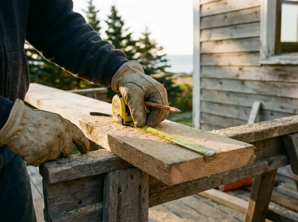 Gloved hands measuring a wood board with a tape measure on a sawhorse outside a house