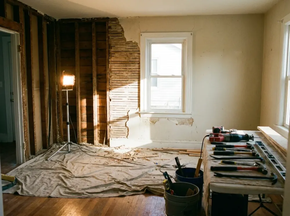 Older house interior during renovation with one wall opened to the studs and plaster and lath showing
