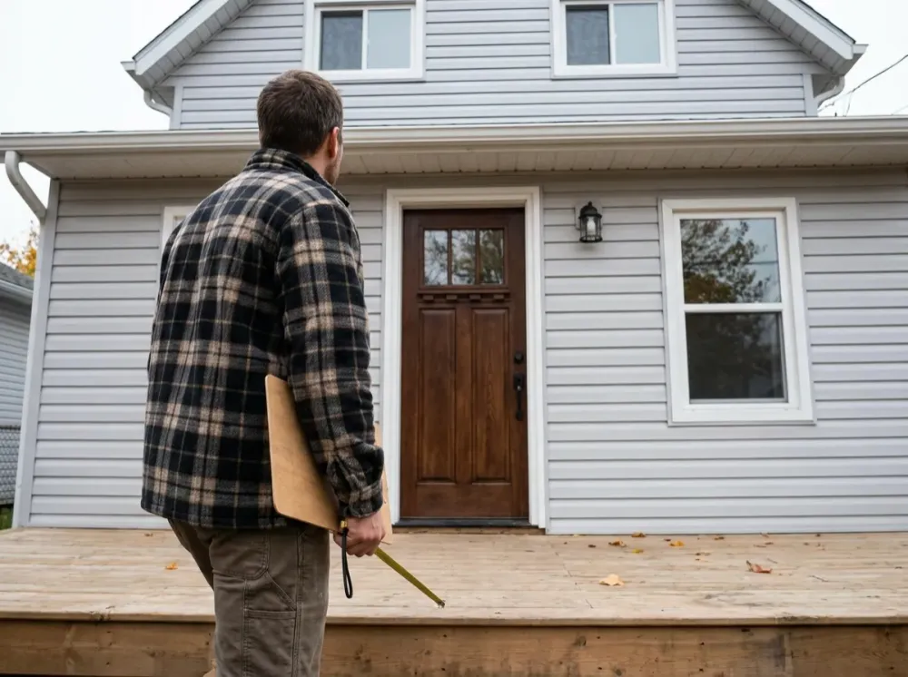 Contractor holding a clipboard and tape measure in front of a vinyl-sided house with a wood front door