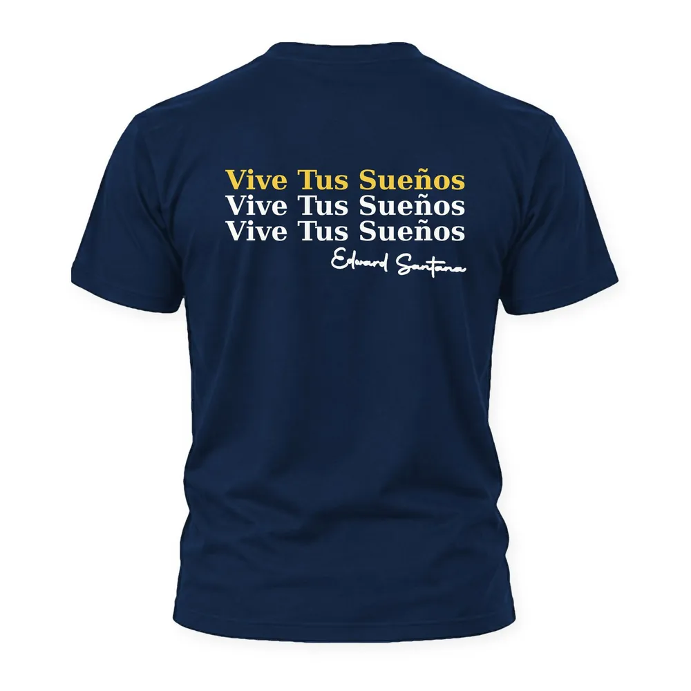 Espalda de la t-shirt con Vive Tus Sueños y la firma de Edward Santana