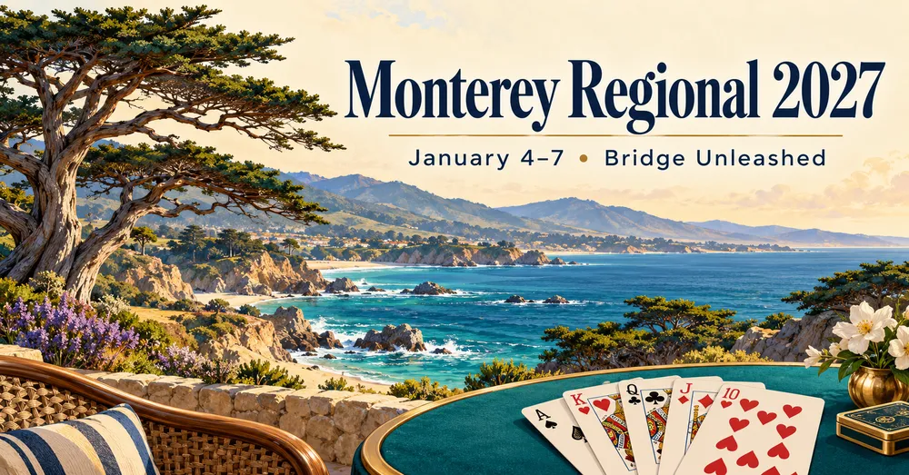Illustrated Monterey coastline with cypress trees and a bridge card table for Monterey Regional 2027.