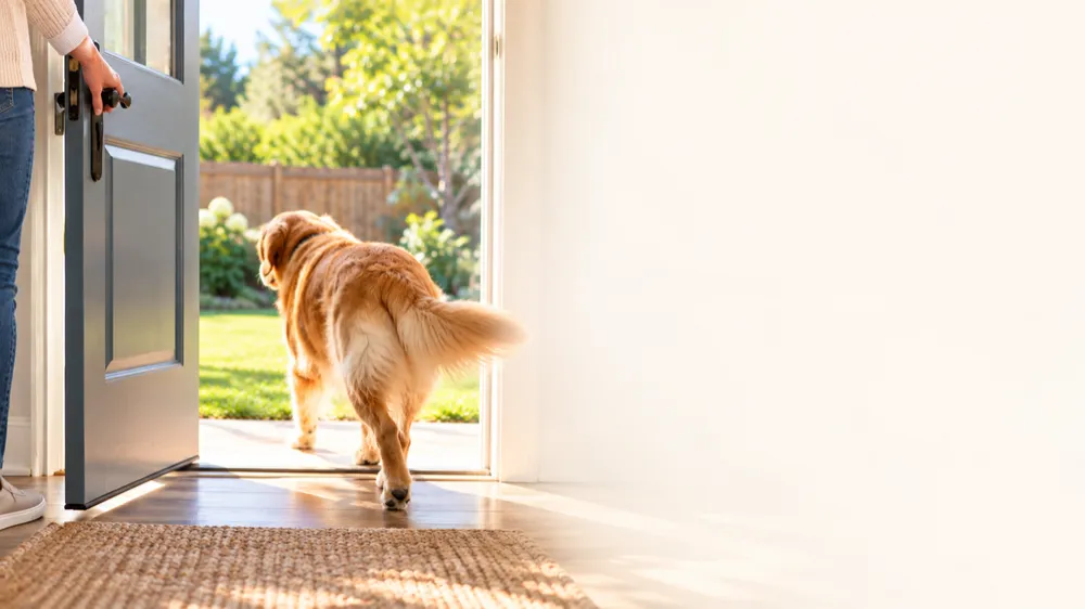 A golden retriever stepping out the back door to the yard
