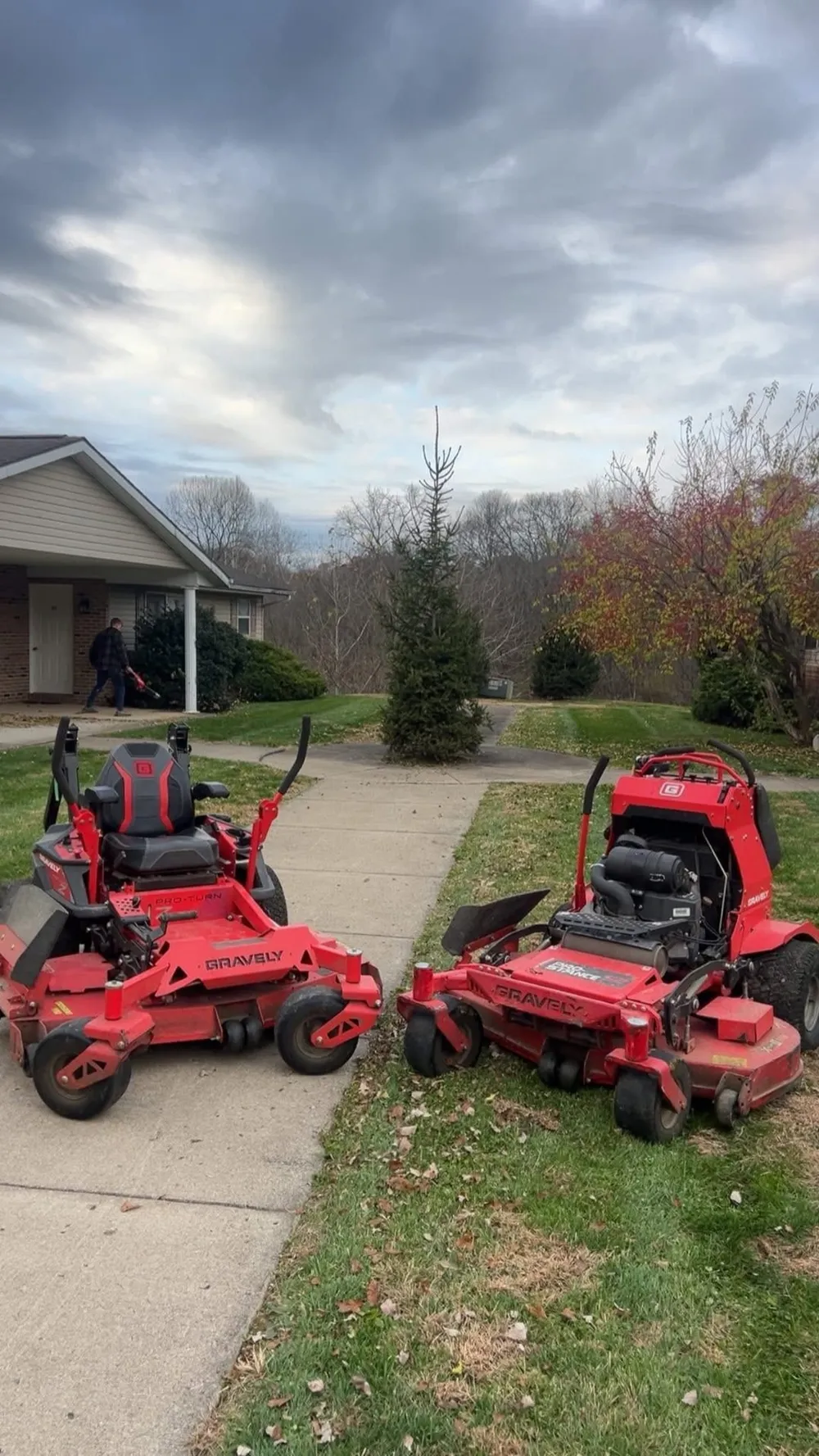 A clean cut line where the lawn meets the concrete walk, with the mowers pulled off