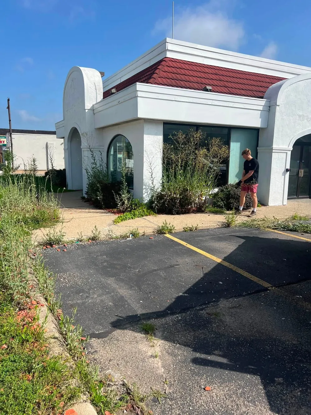 Brush and overgrowth cleared away from a commercial building