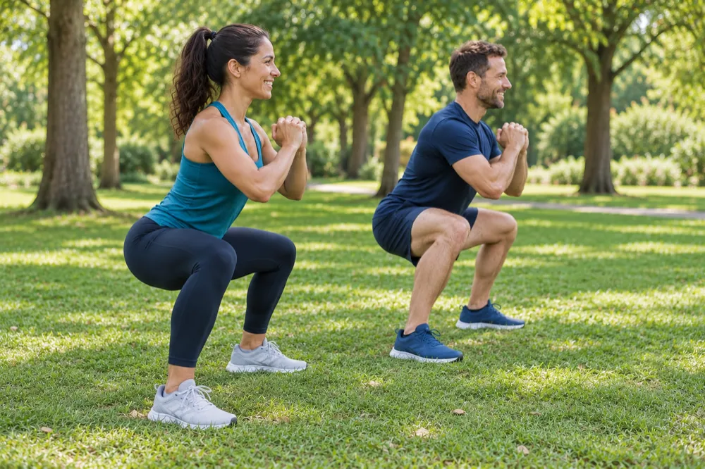 Man and woman practising wide-stance squats outdoors