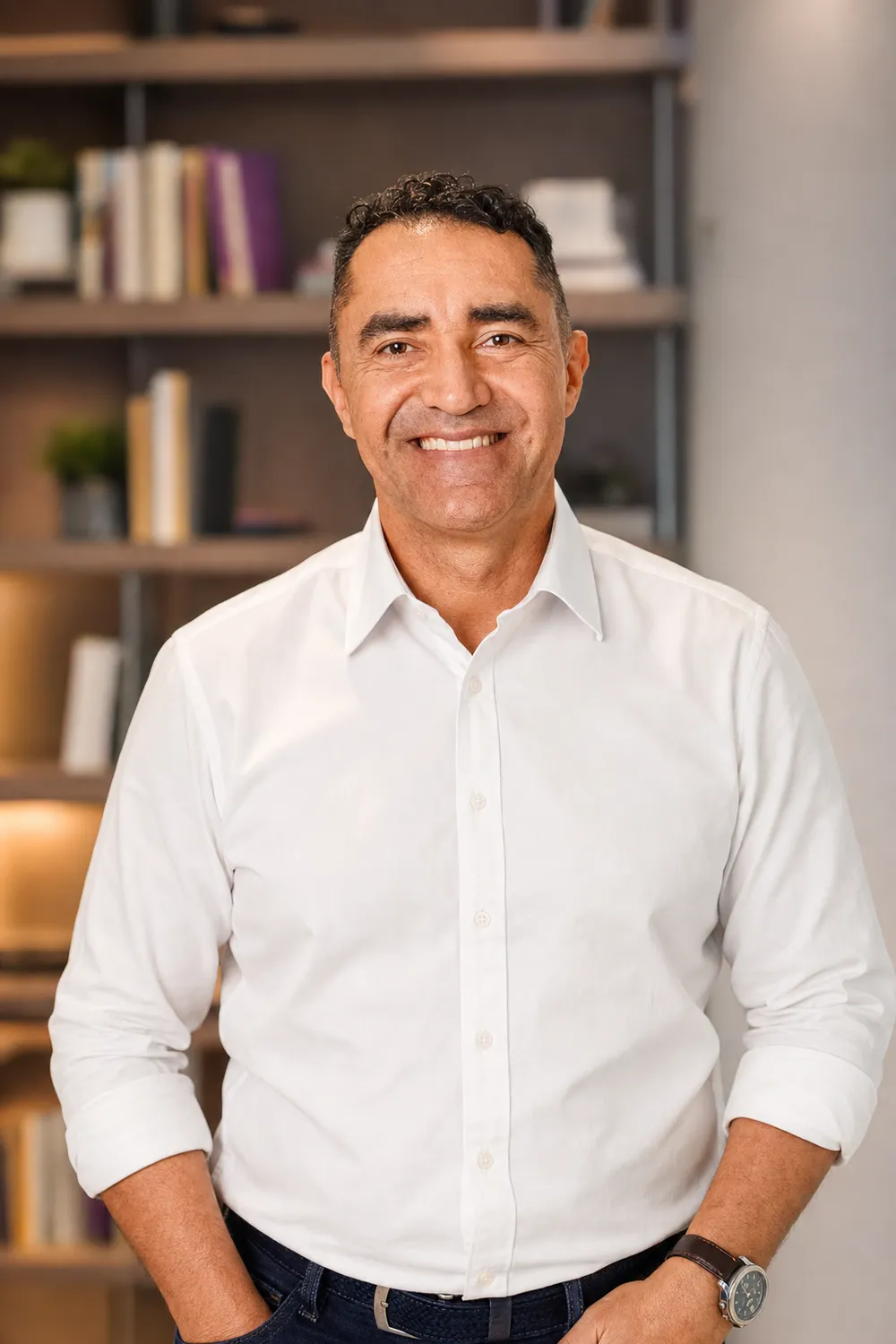 Andrés Giraldo sonriendo frente a una biblioteca