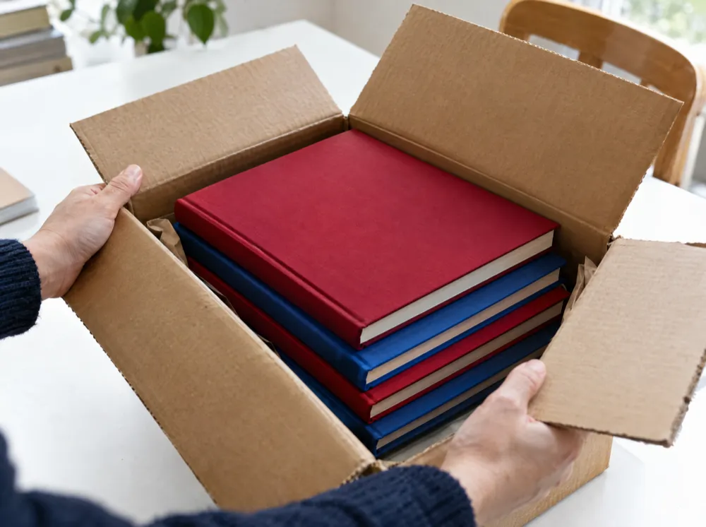 A box of freshly printed books being opened