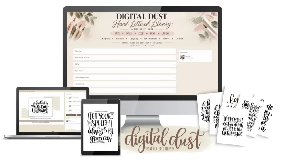 Digital Dust hand-lettered library portal on a desktop, laptop, and tablet