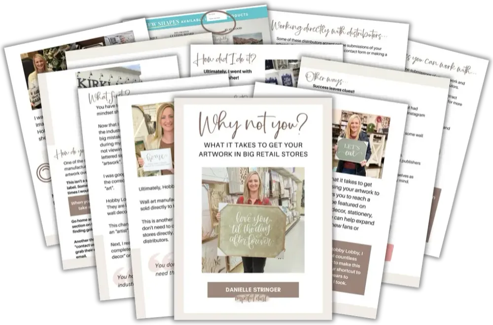 Pages from the Why Not You? ebook about getting your artwork into big retail stores