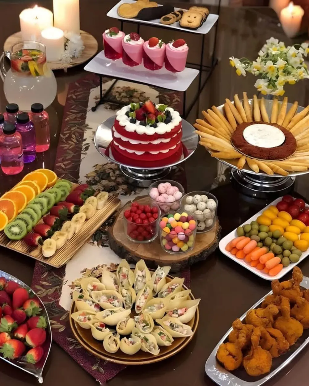 A Walkway to Ceylon dessert table with cakes, fruit and sweets by candlelight